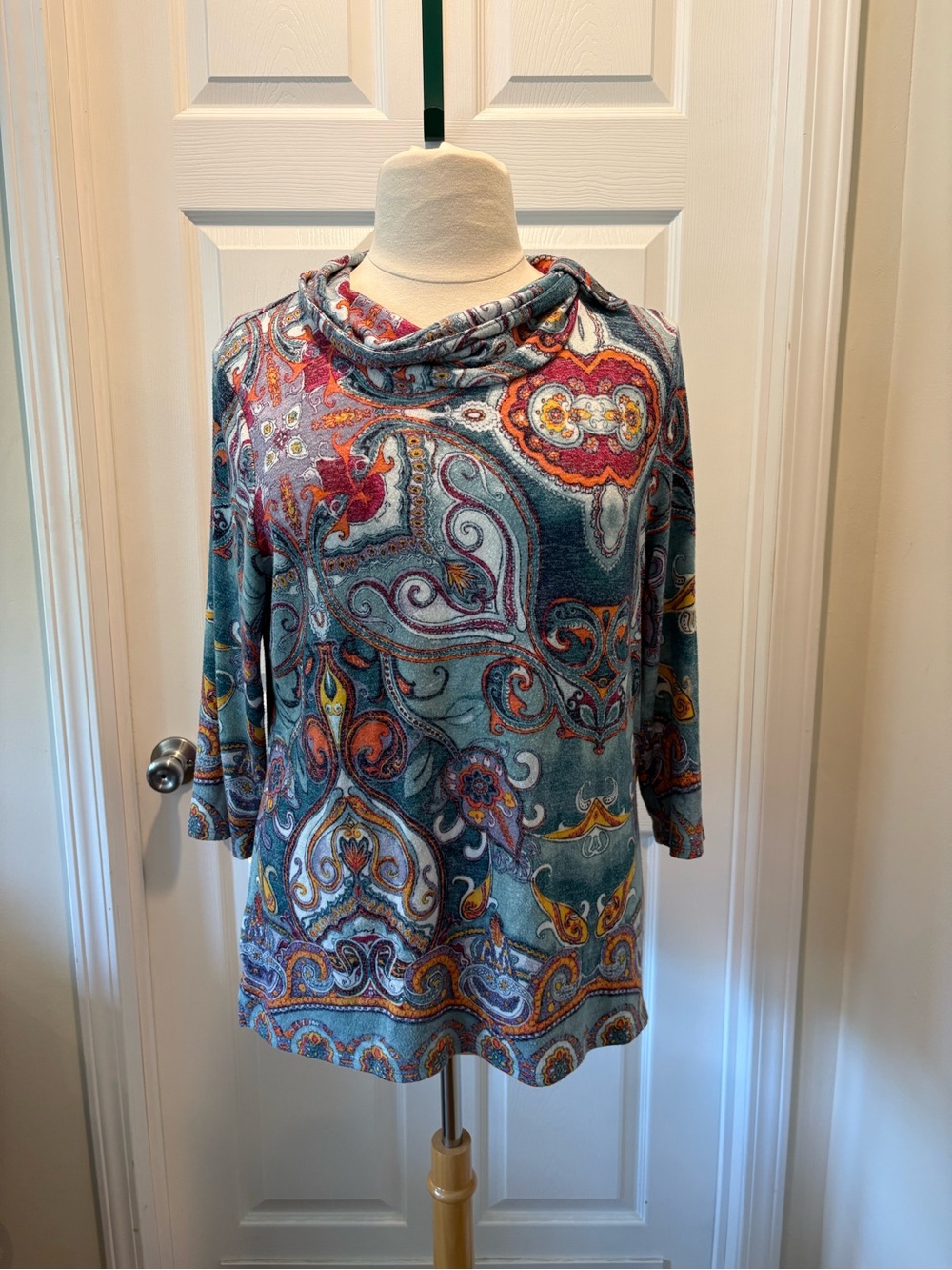 Chico's Teal Multicolor Paisley Cowl-Neck Sweater